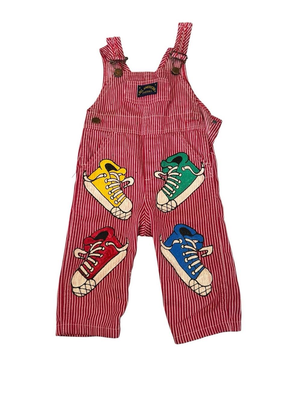 Vintage Healthtex Overalls Baby 18mos Red Railroad Stripe Hand Painted Unique